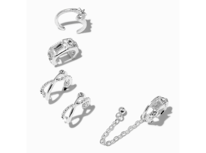 Boucles d'oreilles superposables manchettes d’oreilles reliées à une chaîne en strass couleur argentée - Lot de 5