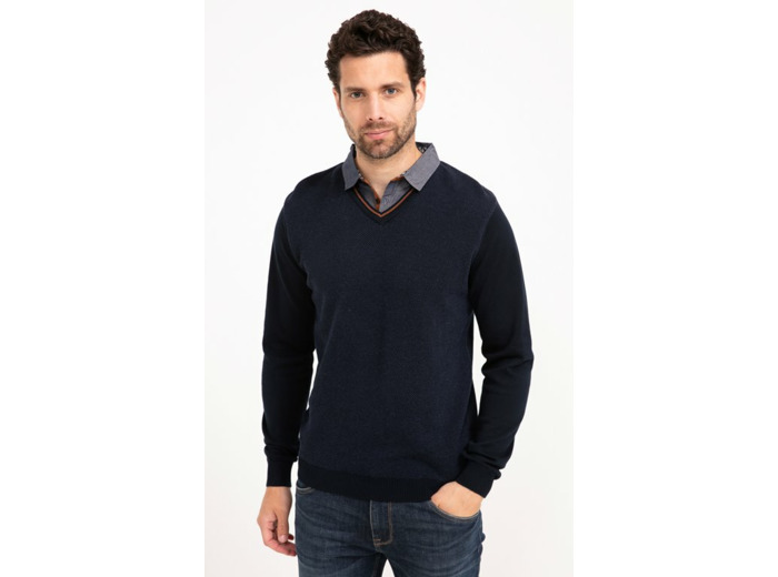 Pull Uni Col V Avec Chemise