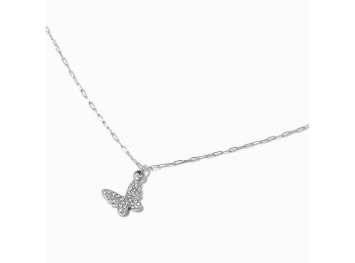 Collier à pendentif papillon pavé en acier inoxydable couleur argentée