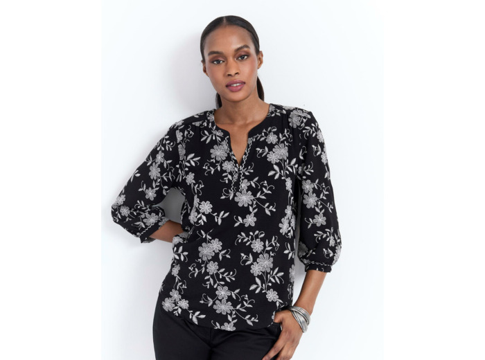 Blouse manches longues imprimé à fleurs NOIR Femme