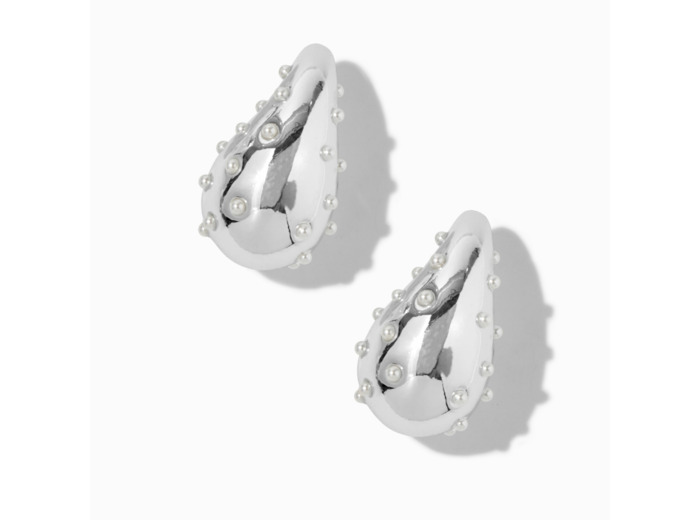 Pendantes 2,5 cm haricot long parsemées de perles d’imitation couleur argentée