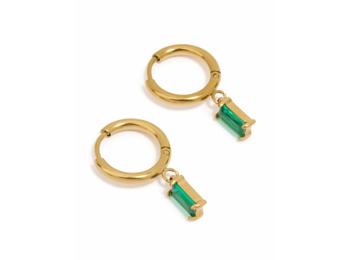 Waterproof Gold Plated Stainless Steel Green Baguette Huggie Earrings