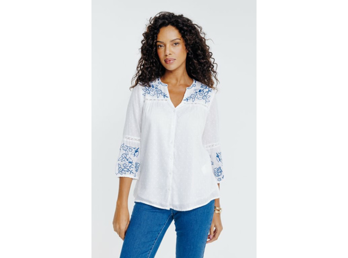 Blouse boutonnée uni avec broderie
