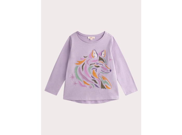 T-shirt violet animation loup avec broderies pour fille