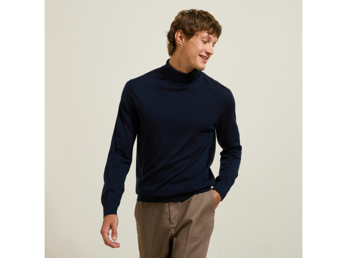 Pull col roulé mérinos - Bleu moyen