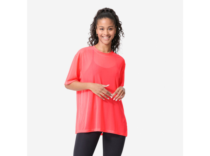 T-shirt de fitness résille et loose femme, rose