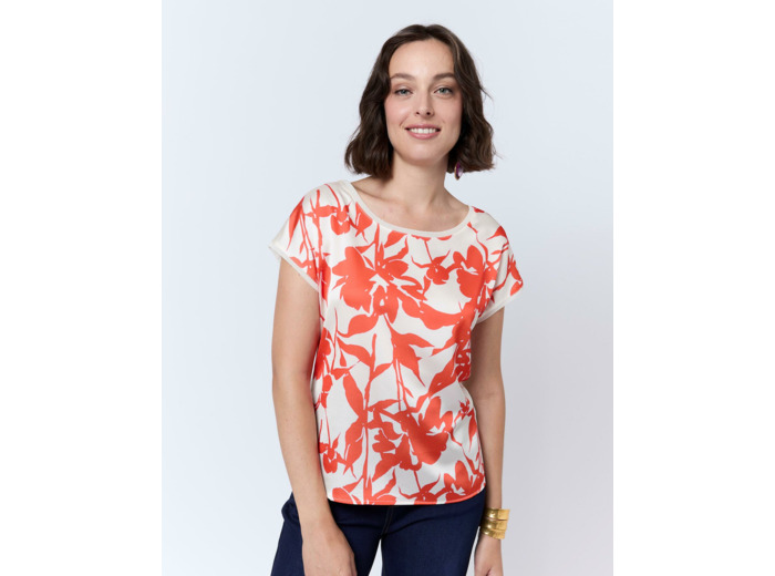 Top manches courtes bi-matière imprimé à fleurs ORANGE Femme