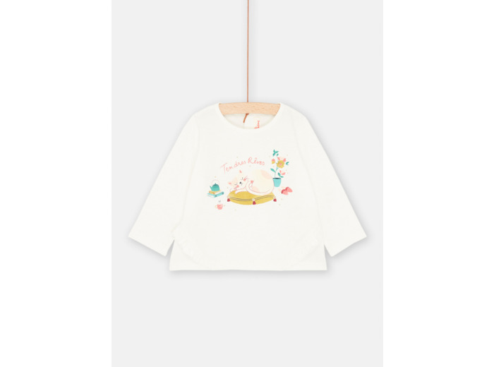 T-shirt écru à motif chat endormi pour bébé fille