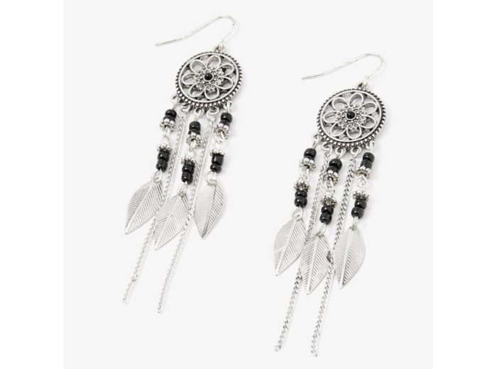 Pendantes attrape-rêves perlées fleurs 8 cm couleur argentée - Noir