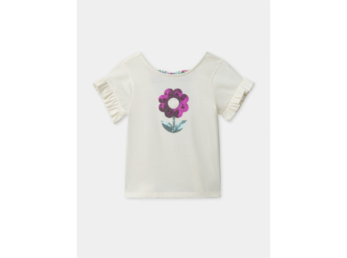 T-shirt blanc fleur à sequins et manches courtes Fille
