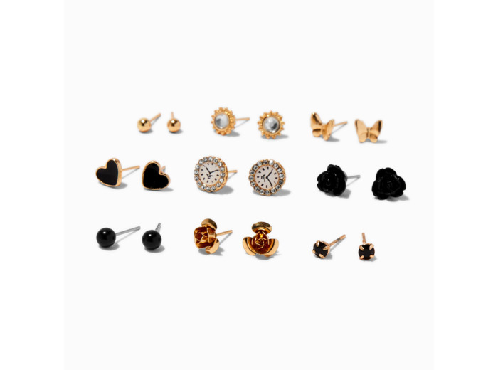 Clous d'oreilles aux designs variés horloge et cœur noirs - Lot de 9