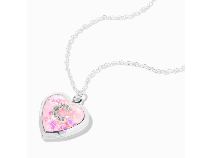 Collier à médaillon cœur pailleté à initiale décorée rose (C)