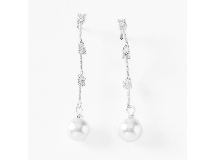 Pendantes linéaires perles d’imitation et strass 4 cm couleur argentée