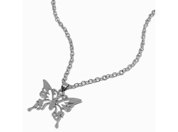 Collier à pendentif en forme de papillon décalé couleur argentée