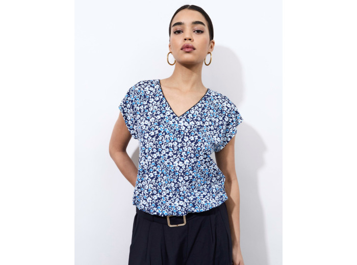 Top manches courtes imprimé à fleurs BLEU Femme