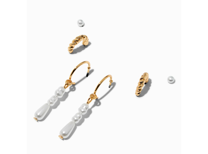 Boucles d’oreilles empilables couleur dorée triple goutte en perle d'imitation - Lot de 3