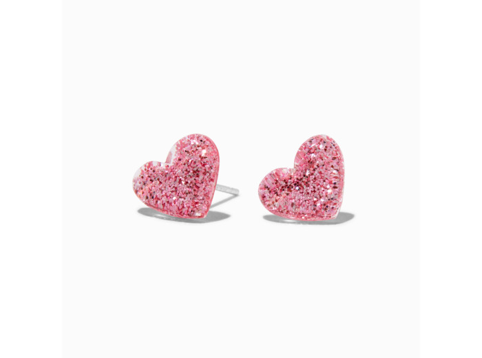 Clous d'oreilles cœur pailleté rose couleur argentée