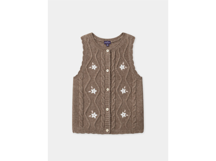 Cardigan marron avec broderie fleurs sans manches Fille