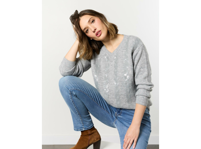 Pull épais uni décoré GRIS Femme