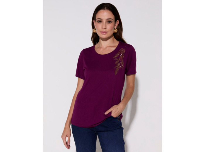 T-Shirt manches courtes uni décoré PRUNE Femme