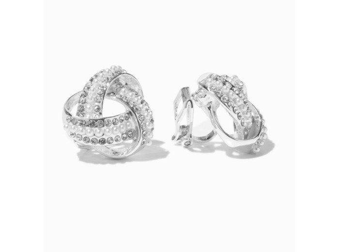 Clous d'oreilles à clip nœud noué perle d'imitation et strass couleur argentée