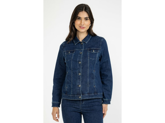 Veste denim brut avec strass fleurs