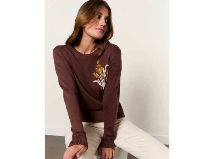 Pull épais contenant de la laine uni décoré MARRON Femme