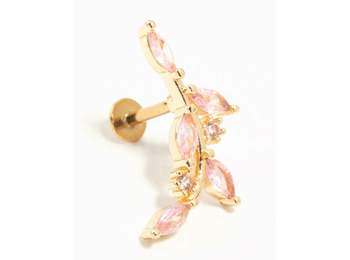 Gold Plated Surgical Steel Pink Diamante Vine Single Flat Back Stud