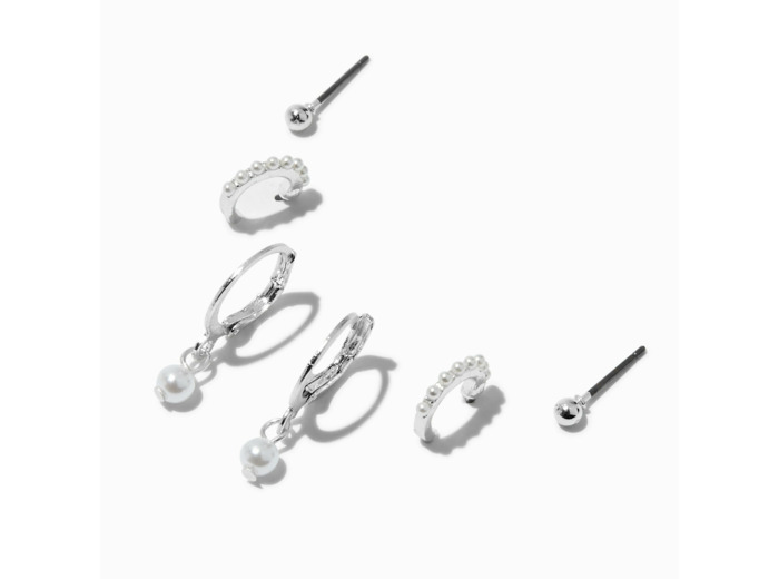 Ensemble de créoles perles d'imitation couleur argentée - Lot de 3