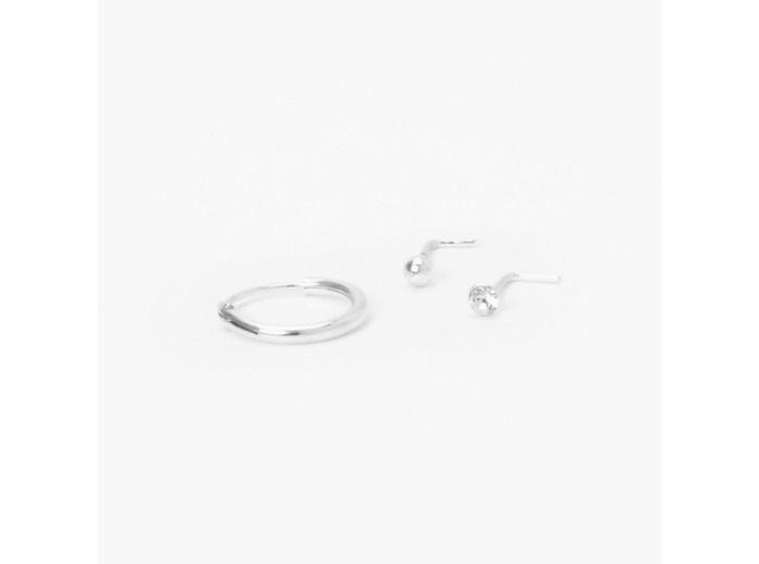 Clous et anneaux de nez géométriques 0,6 mm couleur argentée - Lot de 3