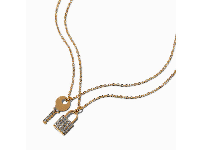 Colliers à pendentifs couleur dorée clé et cadenas pavé - Lot de 2