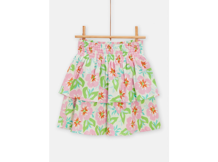 Jupe courte volantée écru imprimé fleuri pour fille