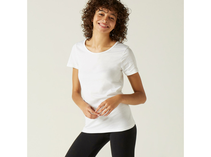 T-shirt fitness manches courtes droit coton col rond femme blanc glacier