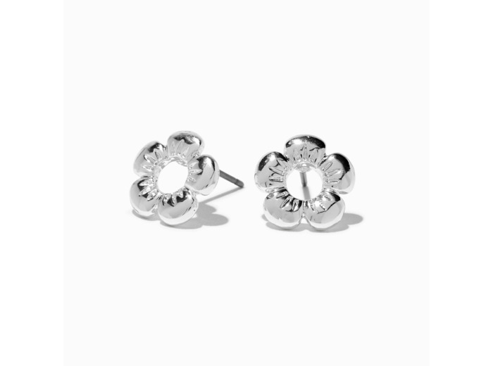 Clous d'oreilles fleurs bombés couleur argentée