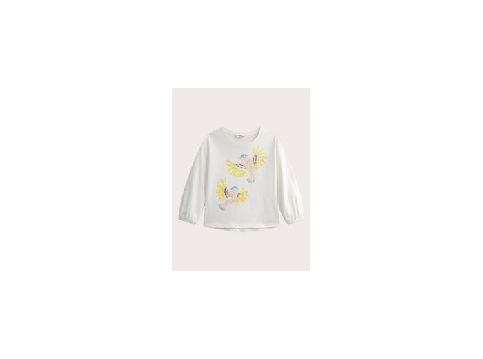 T-shirt écru manches longues animation oiseaux