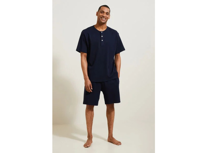 Ensemble pyjama en maille matière gaufrée - Bleu foncé