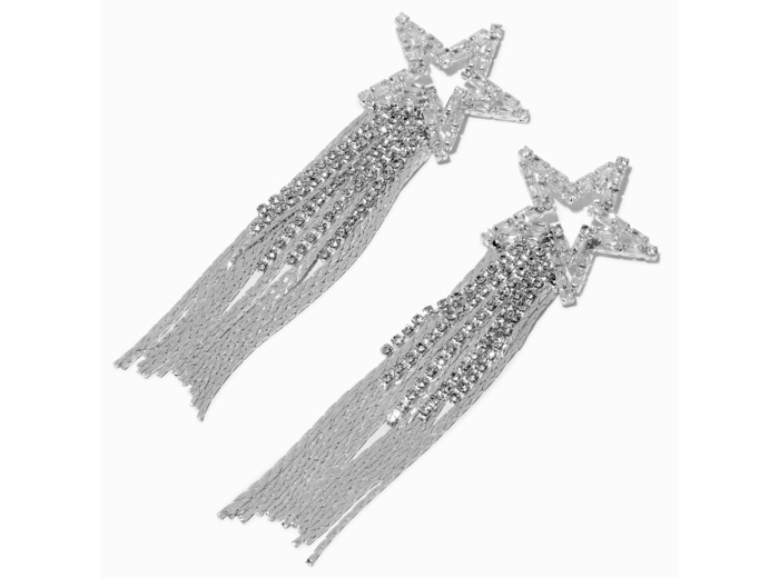 Pendantes 10 cm franges étoile strass couleur argentée