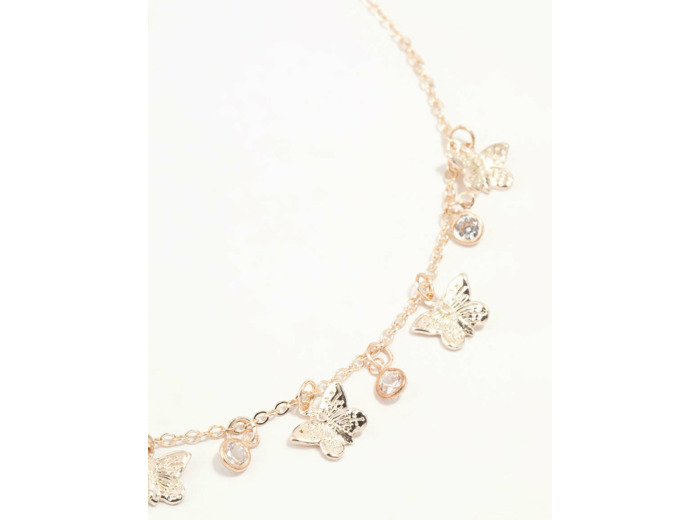 Gold Diamante Butterfly Drop Charm Necklace