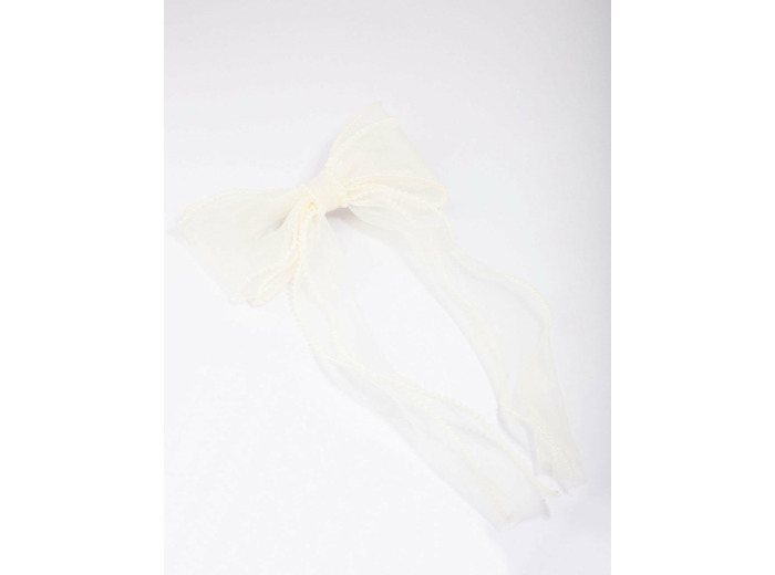 White Organza Fabric Pearl Twist Bow Hair Clip