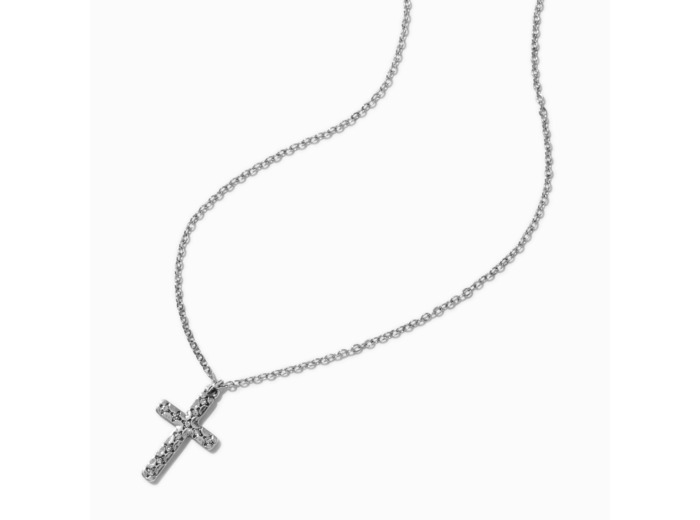 Collier à pendentif croix pavé couleur argentée