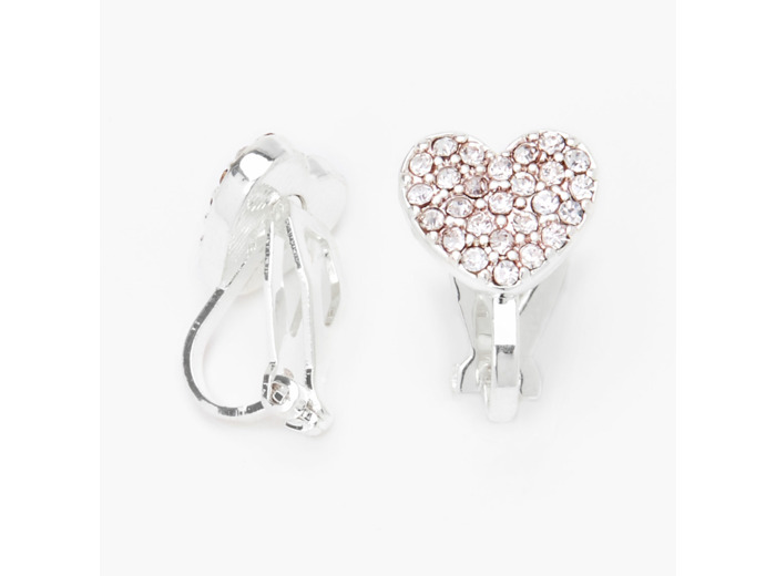 Boucles d'oreilles à clip cœur avec strass couleur argentée
