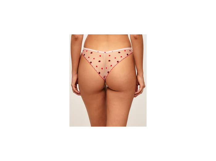 Tanga en microfibre et mesh avec cœurs et coccinelles brodés