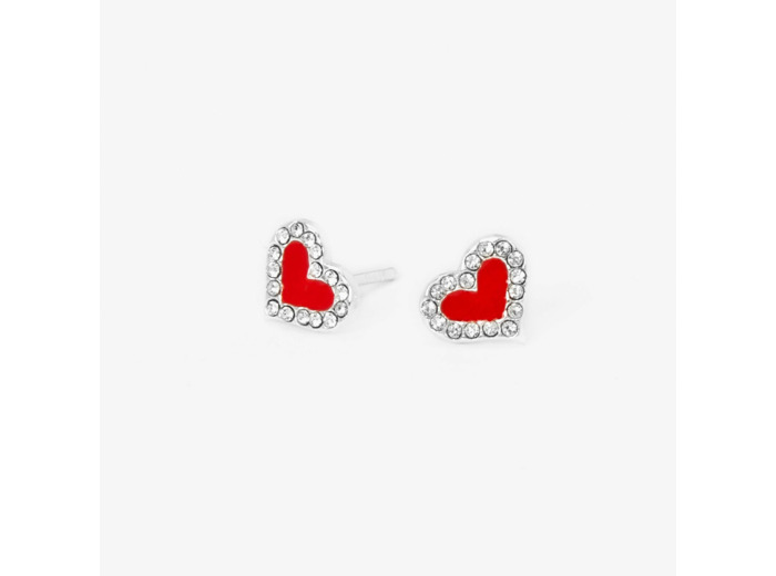 Clous d'oreilles cœurs rouges décorés en argent