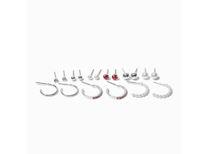 Lot de boucles d'oreilles empilables clous de strass et anneau rose et perle d'imitation - Lot de 9