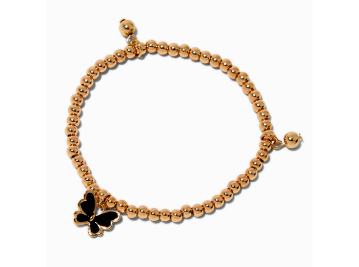 Bracelet élastique perlé couleur dorée et papillon émaillé noir