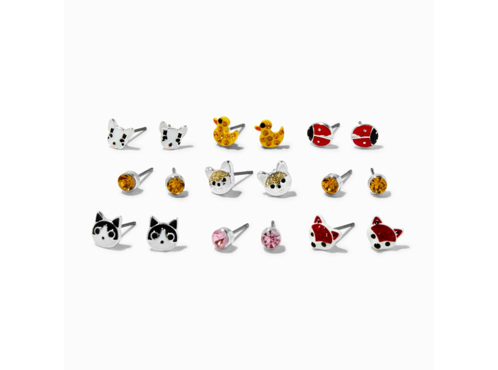 Clous d'oreilles petits animaux strass couleur argentée - Lot de 9