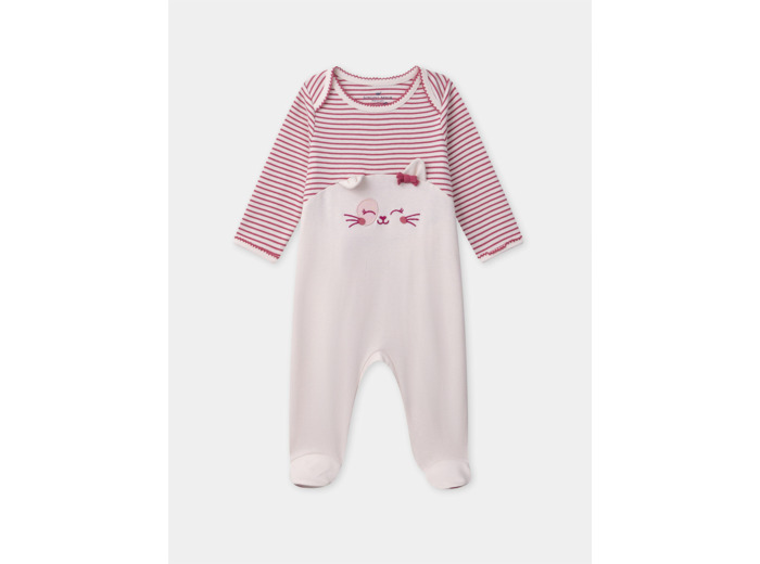 Grenouillère rose à rayures et rose pale uni avec chat sans pressions Bébé Fille