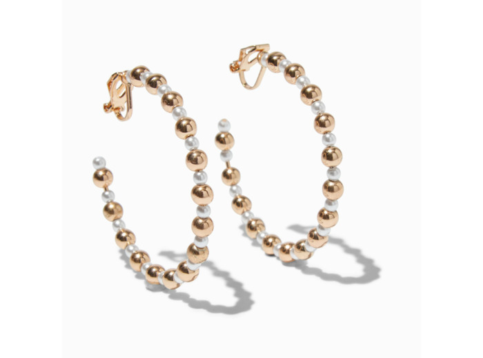 Créoles à clip 40 mm couleur dorée et perle d'imitation