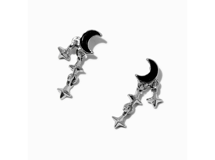 Pendantes couleur argentée croissant de lune et étoiles noires
