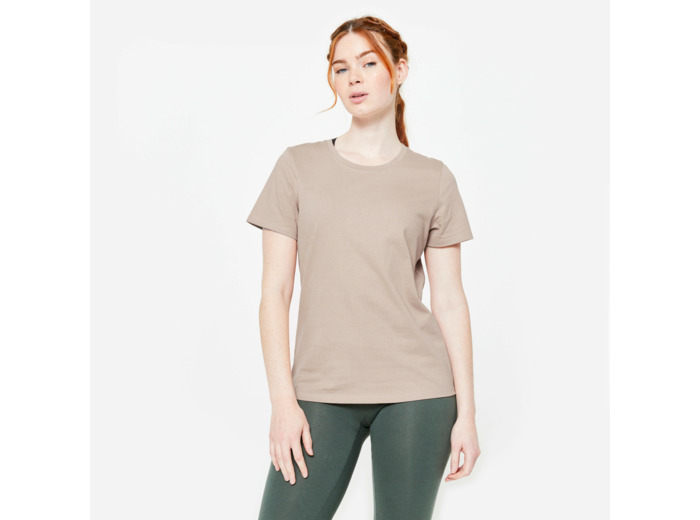 Tee-shirt en coton col rond femme, beige caramel